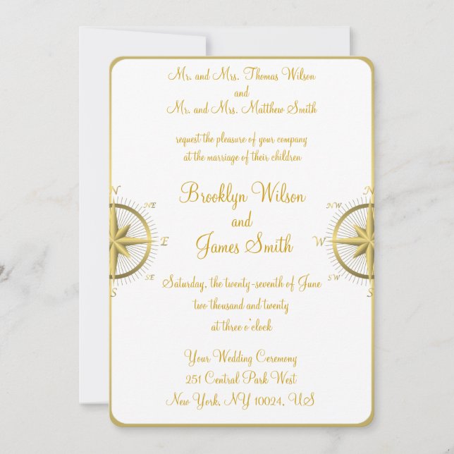 Compás náutico blanco del oro de las invitaciones (Anverso)