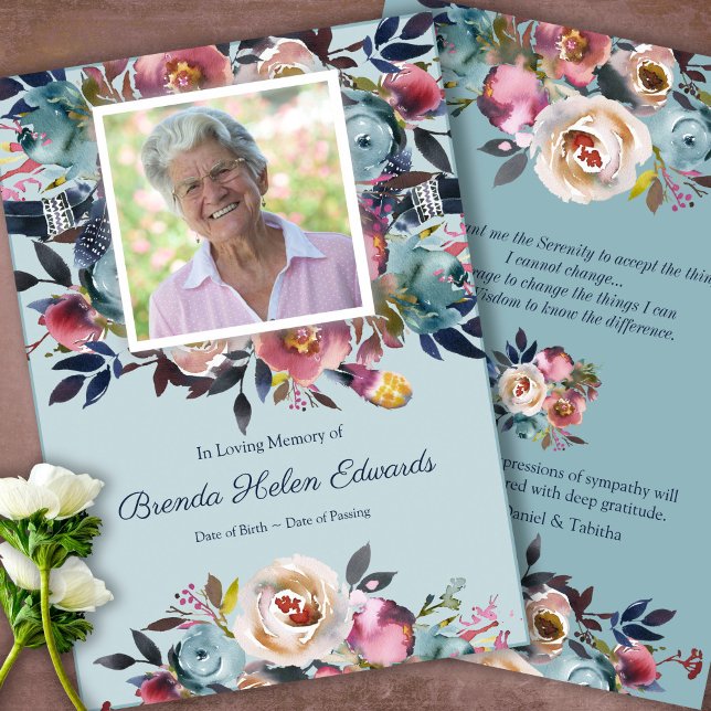 Compasión Blue Pink Floral Funeral Gracias Tarjeta (Sympathy floral Celebration of Life, In Loving Memory, Forever in our Hearts Funeral thank you cards)