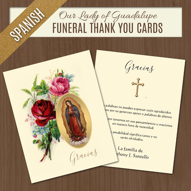 Compatía funeraria española Tarjeta santa gracias (Our Lady of Guadalupe Catholic Funeral Thank You Cards)