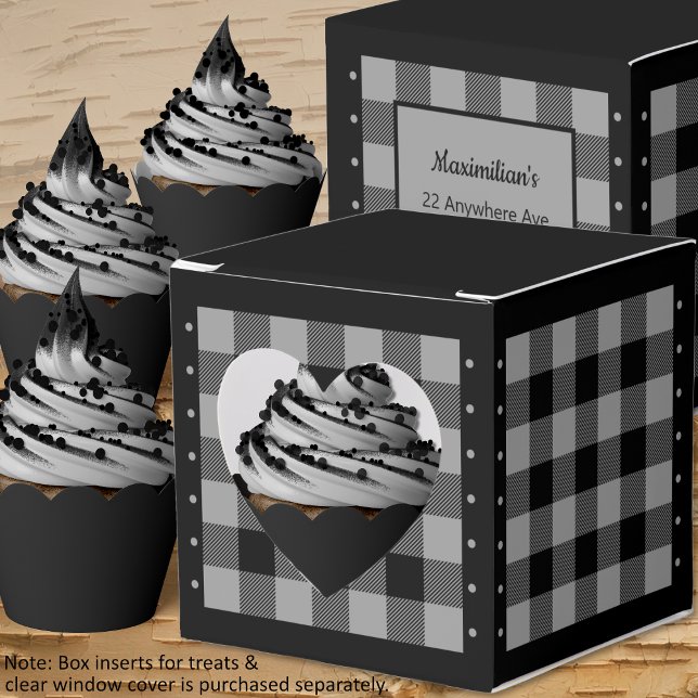 Comprobación de búfalo - Gris y negro - Caja de Fa (Buffalo Check - Gray and Black - Heart Favor Box - Cupcakes by Leapfroglisics Shop)