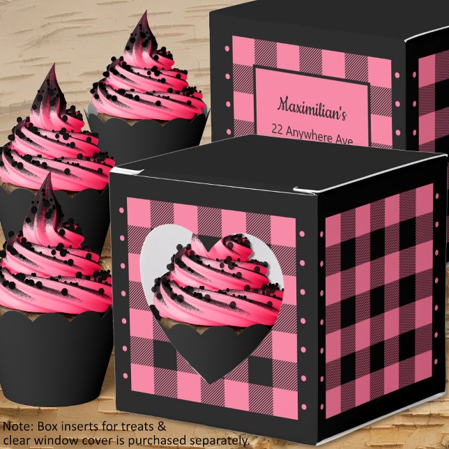 Comprobación de búfalo - rosa y negro - Caja de Fa (Buffalo Check - Pink and Black - Heart Favor Box - Cupcakes - by Leapfroglisics Shop)
