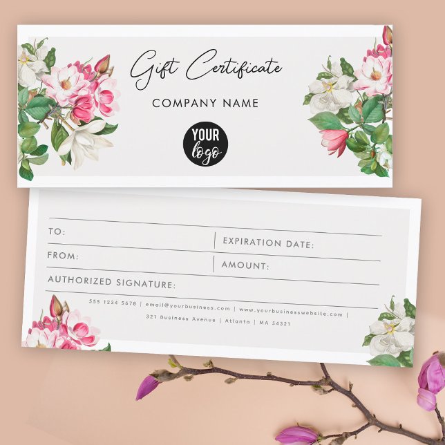 Comprobador de certificado de regalo del logotipo  (Watercolor Magnolias Logo Gift Certificate Voucher)