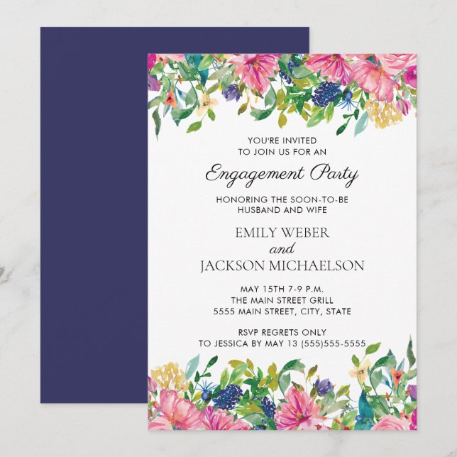 Compromiso floral de acuarela azul rosa (Anverso / Reverso)