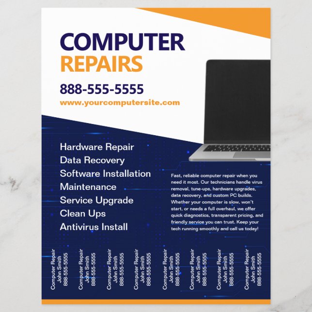 Computer Repairs with Tear Offs Flyer Template (Frente)