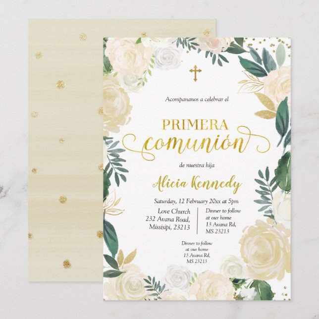 Comunió de Primera Floral Blanca y Invitación Inv (Anverso / Reverso)