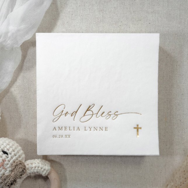Con Brillo Dios Bendiga Servilletas de Bautizo Cruz Moderna D (Personalized Baptism Napkins - Gold Bless with simple gold cross design. Modern handwriting.)