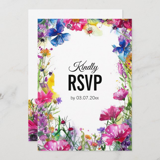 💍 con código QR Meadow Blooms RSVP tarjeta (Anverso / Reverso)