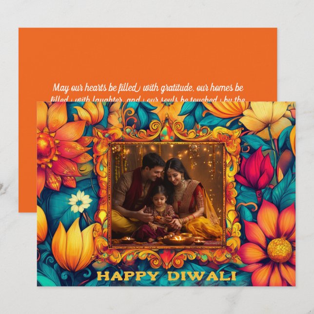 Con foto y texto personalizado Feliz Diwali (Anverso / Reverso)