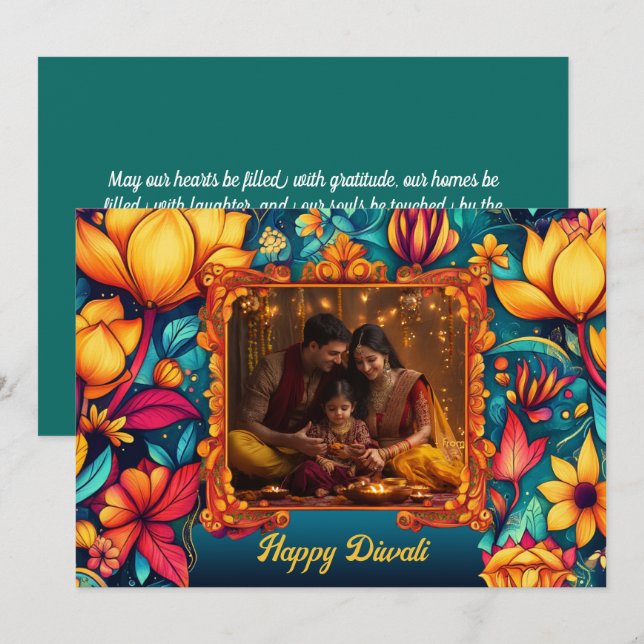 Con foto y texto personalizado Floral Joy Diwali (Anverso / Reverso)
