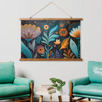 Con Marco De Madera Tapiz Floral Boho Moderno
