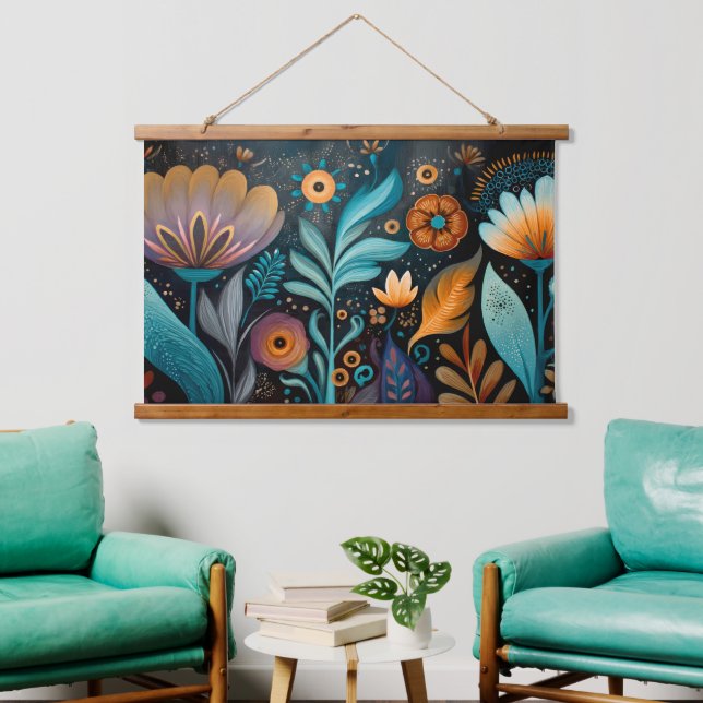 Con Marco De Madera Tapiz Floral Boho Moderno (Sala de estar)