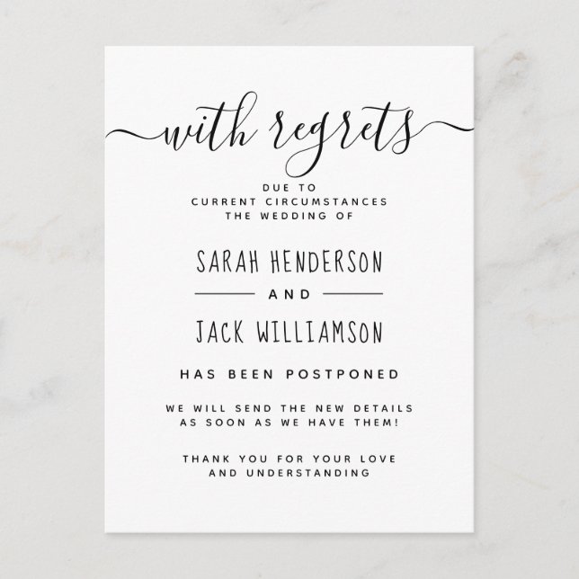 Con Pesar Anuncio de Cambio de Boda Elegante (Anverso)