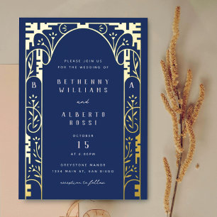 Con Relieve Metalizado Arte Nouveau en Hoja Azul Arco Invitación en Hoja