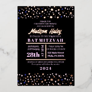 Con Relieve Metalizado Bar Navy Stars Bat Mitzvah Invitación Gold Inlay
