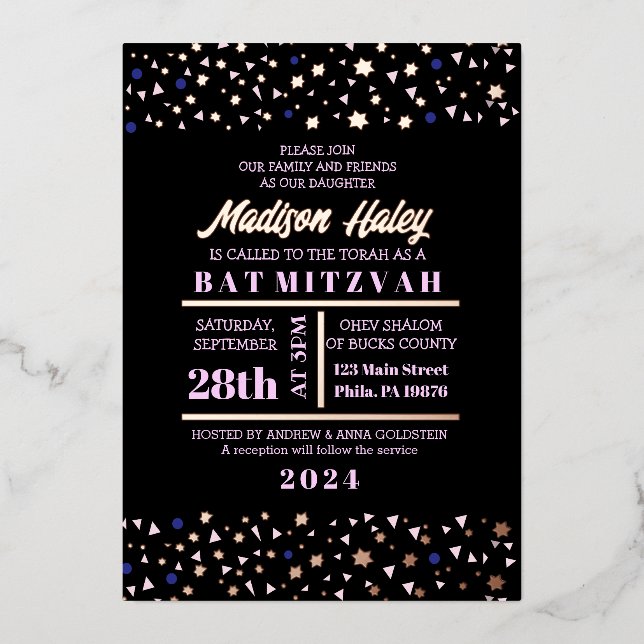 Con Relieve Metalizado Bar Navy Stars Bat Mitzvah Invitación Gold Inlay (Anverso)