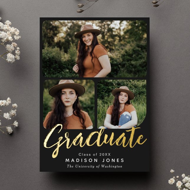 Con Relieve Metalizado Black Script 4 Fotos Invitación a la fiesta de gra (Subido por el creador)