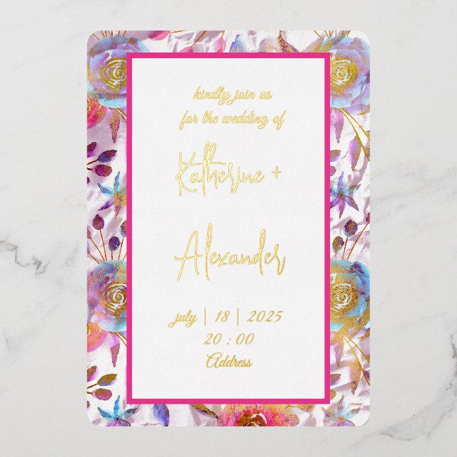 Con Relieve Metalizado Boda rosa floral Lily Clásicos de la invitación Or (Anverso)