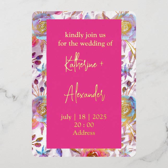 Con Relieve Metalizado Boda rosa floral Lily Clásicos de la invitación Or (Anverso)