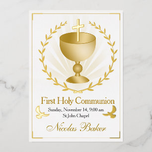 Con Relieve Metalizado Cáliz de Hoja de Oro Invitación para Primera Comun