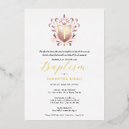Con Relieve Metalizado Chica Baptismo Invitación Dusty Rosa Escudo
