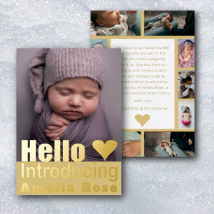 Con Relieve Metalizado Collage de fotos de oro real Hola Invitación bebé