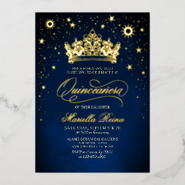 Con Relieve Metalizado Corona Tiara Azul Marino Invitación de Quinceañera