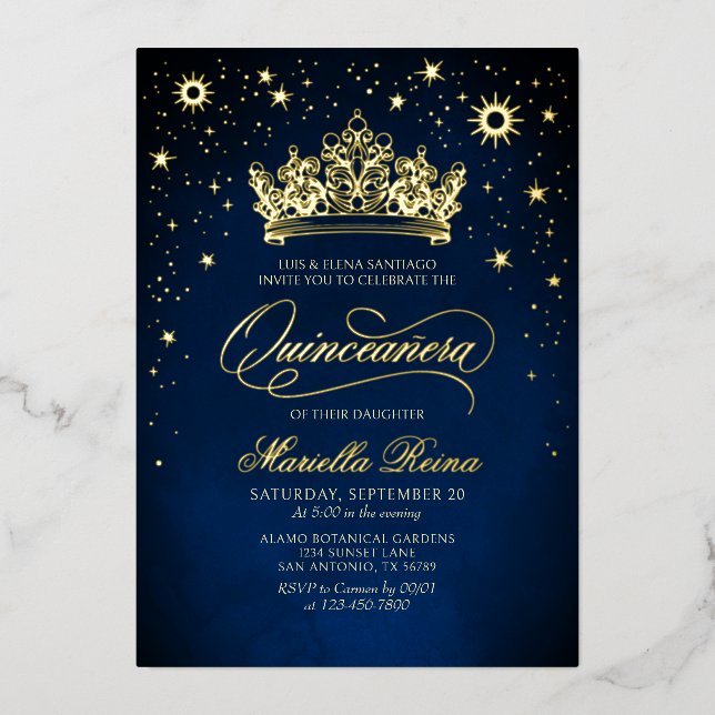 Con Relieve Metalizado Corona Tiara Azul Marino Invitación de Quinceañera (Anverso)