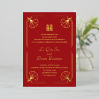 Doble Felicidad Rojo y Dorado Invitación de Boda C