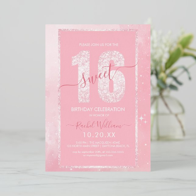 Con Relieve Metalizado Dulce Purpurina rosa 16 Invitación de cumpleaños p (Anverso de pie)