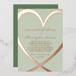 Con Relieve Metalizado Elegante corazón Rosa Oro y Boda Verde Invitación