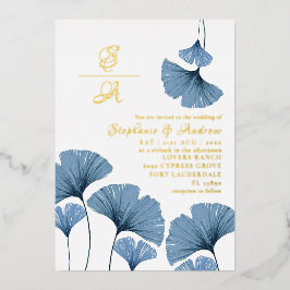Con Relieve Metalizado Elegante Guión Dorado Blue Leaf Wedding Invitación