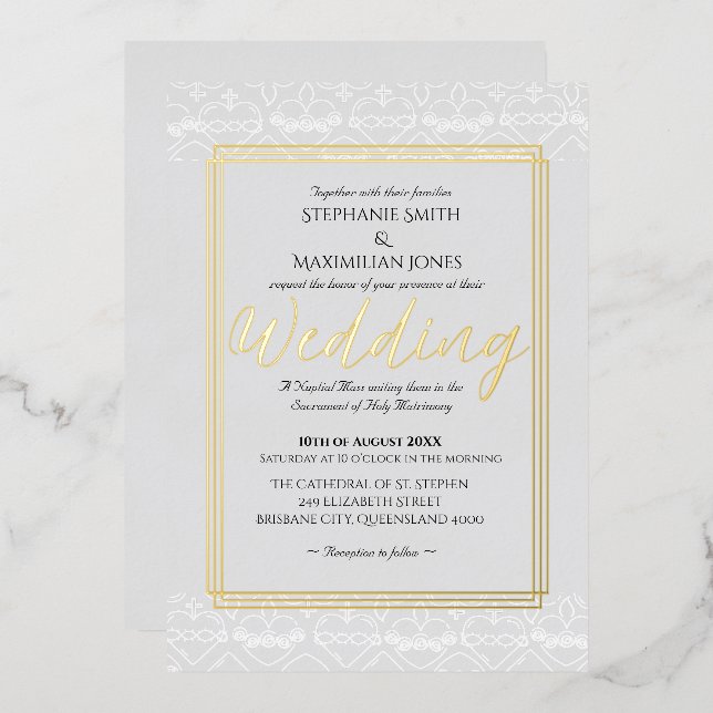 Con Relieve Metalizado Elegante invitación a la boda católica (Anverso/Reverso)