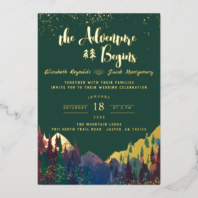 Con Relieve Metalizado Elegante Invitación a la Boda de la Montaña de Oro (Anverso)
