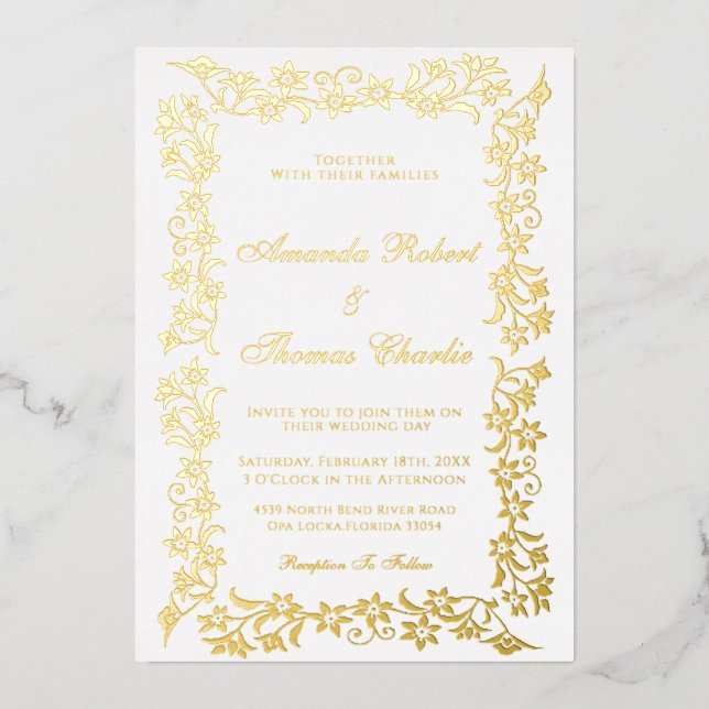 Con Relieve Metalizado Elegante Invitación a la Boda de Oro (Anverso)