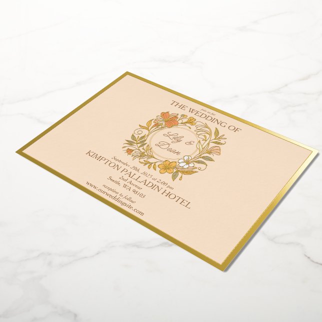 Con Relieve Metalizado Elegante invitación a la boda floral Art Nouveau (girado)