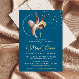 Con Relieve Metalizado Elegante Invitación de Bautizo Cruz de Ángel Azul