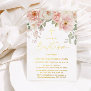 Con Relieve Metalizado Elegante Invitación de Bautizo de Niña Floral Rosa