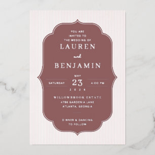 Con Relieve Metalizado Elegante Invitación de Boda a Rayas Granate