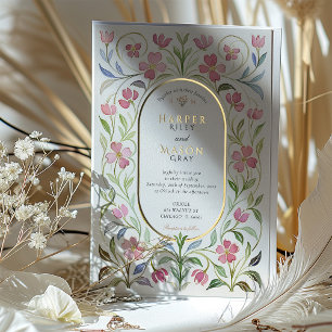 Con Relieve Metalizado Elegante Invitación de Boda Art Nouveau Floral Acu