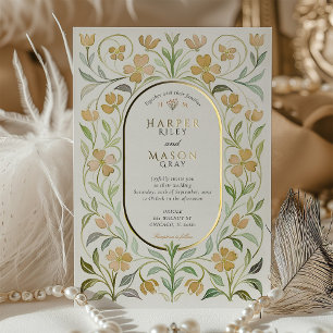 Con Relieve Metalizado Elegante Invitación de Boda Art Nouveau Floral Acu