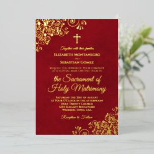 Con Relieve Metalizado Elegante Invitación de Boda Católica Rojo Carmesí