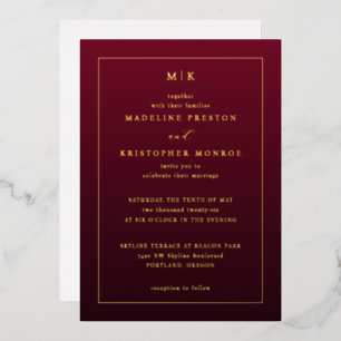 Con Relieve Metalizado Elegante Invitación de Boda Granate y Dorado