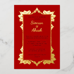 Con Relieve Metalizado Elegante invitación de boda india de color rojo in