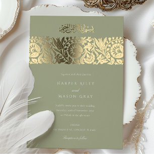 Con Relieve Metalizado Elegante Invitación de Boda Islámica Floral Dorada
