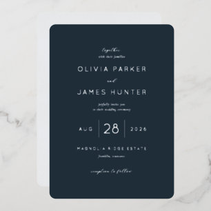 Con Relieve Metalizado Elegante Invitación de Boda Minimalista en Azul Ma