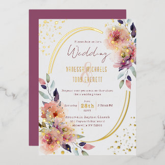 Con Relieve Metalizado Elegante Invitación de Boda Oval Floral Acuarela R