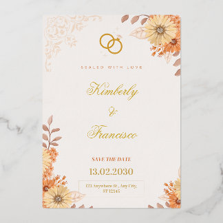 Con Relieve Metalizado Elegante Invitación Floral de Oro para Guardar la 