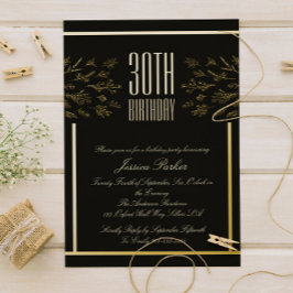 Con Relieve Metalizado Elegante invitación mínima floral dorada y negra