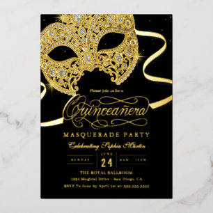Con Relieve Metalizado Elegante Mascarada de Oro Invitación Quinceanera