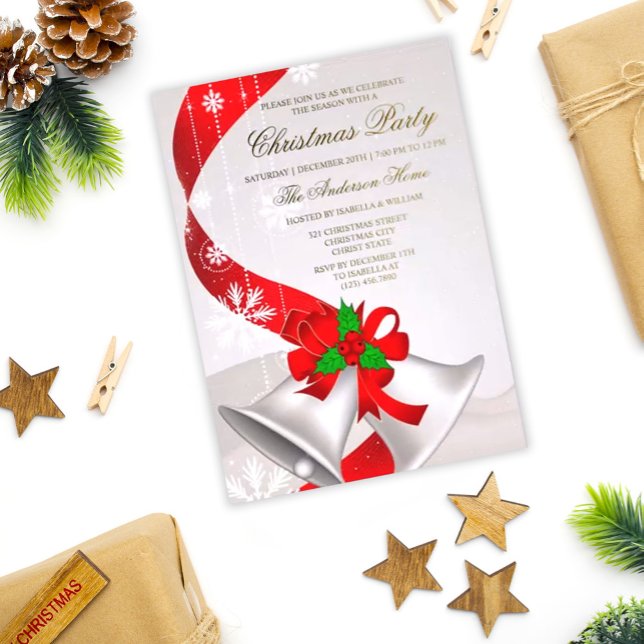 Con Relieve Metalizado Elegante Red Loop Silver Bells Invitación Navidade (Subido por el creador)